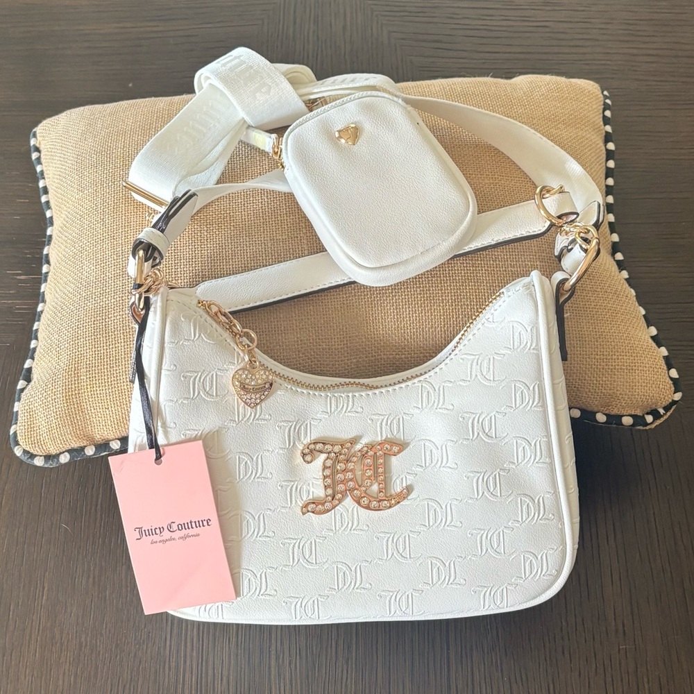 Juicy Couture White Embossed Logo Shoulder Bag NWT JC Rhinestone Purse Y2K - Picture 2 of 7